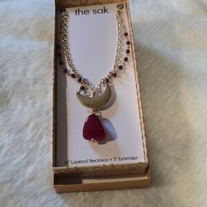 The Sak Gold and Burgandy Crescent Necklace